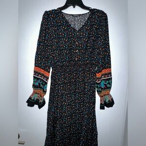 Long Sleeve Floral Maxi M Dress Womens Bohemian Printed V-Neck Fashion